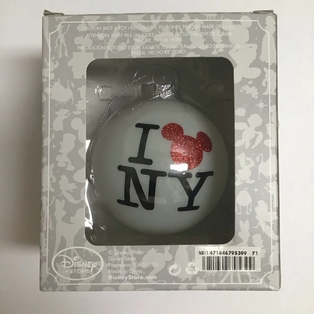 Disney I LOVE NEW YORK Glass Christmas Ornament Red Mickey Ears Authentic NEW